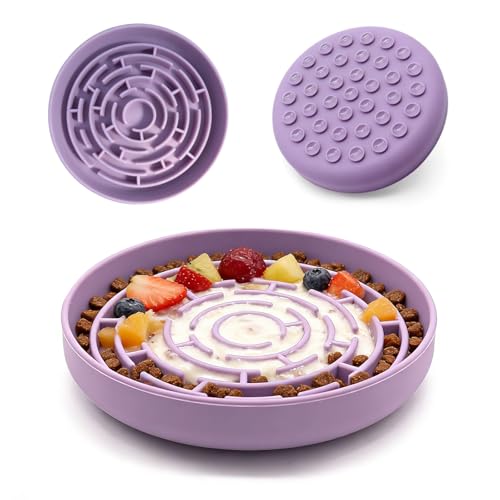 Silicone Slow Feeder Bowl with 37 Non-Slip Suction Cups — Anti-Choking Maze Design, Slows Eating 10x, Anxiety Relief, BPA-Free, for Small & Medium Dogs and Cats (Purple) - color: Purple
