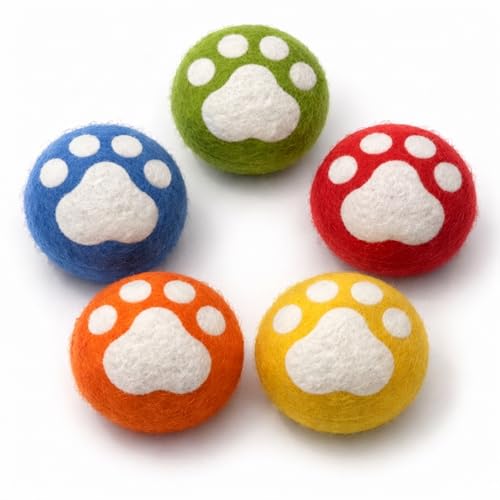 Glaciart One Catnip Wool Balls for Cats 5 Pack, Felt Cat Toys - color: Paw Design Balls