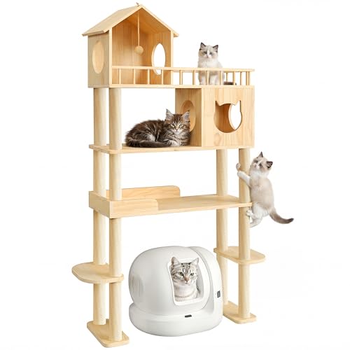 Wood Cat Tree for Automatic Litter Box, 5 Tier Cat Tower, 74 Inch - size: 74.4''H