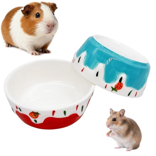 2 Pack Ceramic Guinea Pig Food Bowl Hamster Food Bowls for Gerbil Rat - color: Red + Blue
