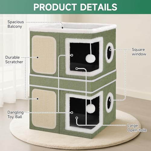Shikha 2 Story Cat House beds for Indoor Cats with Scratch Pads Green - color: Green, size: Double