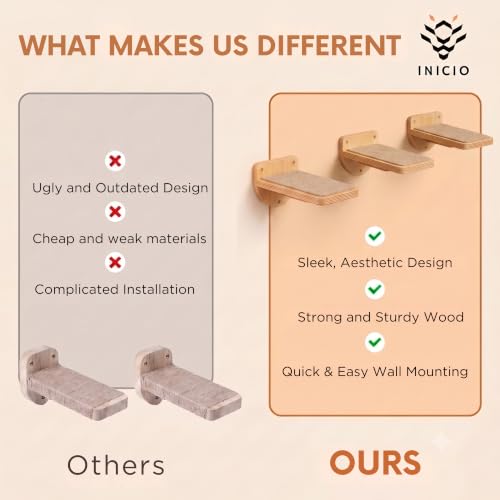 INICIO Cat Wall Steps - 3 Pack of Stairs for Cats to Climb - Natural Wood