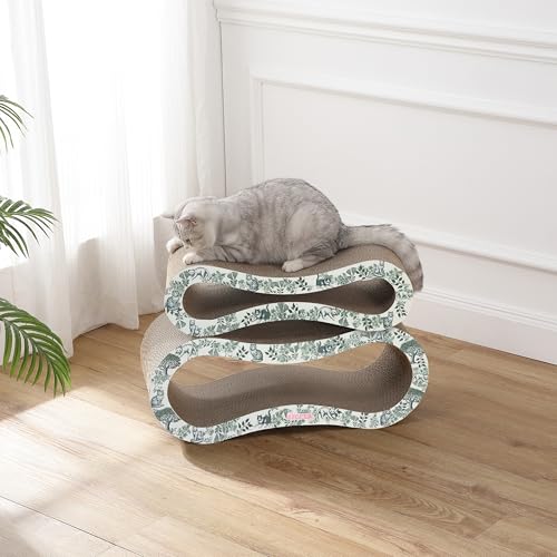 CSR1014F Suvi 26" Modern Cardboard Infinity 2-in-1 Lounge Bed Cat Scratcher with Catnip, Garden Cats - color: Green/Cream