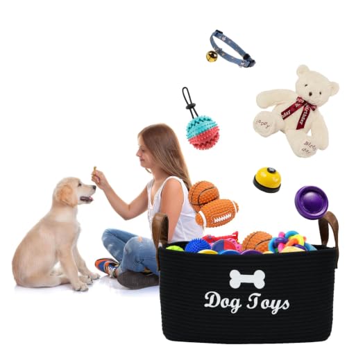 Large Dog Toy Basket, 100% Cotton Rope Dog Toy Storage Bin-Black - color: Black
