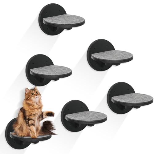 Cat Wall Shelves Furniture Set of 6, Wooden Cat Steps for with Scratching Pad, Sturdy Floating Climber Ladder Stairs, Cats Climbing Wall Systems for Cats Sleep Climb Play - color: black