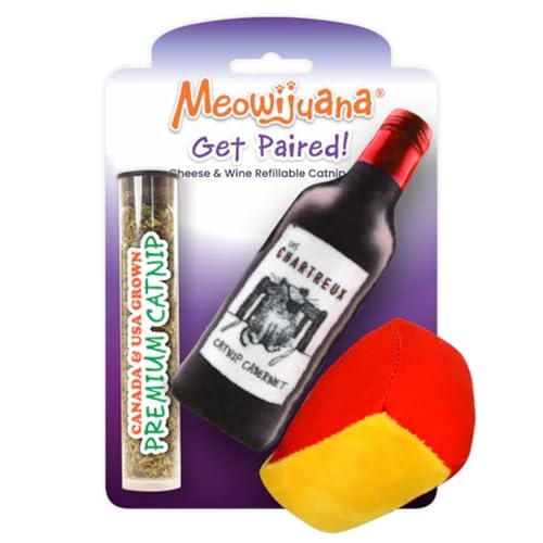 Meowijuana Get Paired Cat Toy | 2 Plush Toys Refillable Catnip - color: Get Paired Wine & Cheese