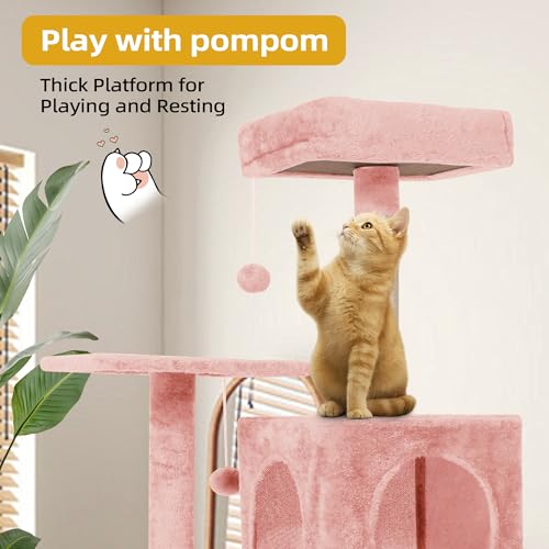 Cat Tree 54-Inch Cat Tower with Padded Plush Perch 2 Comfy Caves, Scratching Posts, Basket, 2 Pompoms, Multi-Level Plush Cat Condo for Indoor Cats Kittens, Pink - color: Pink