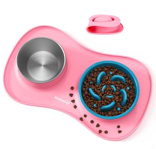 MateeyLife Dog Food and Water Bowl Set 3 in 1, Slow Feeder Dog Bowls & Stainless Steel Water Bowl with Non-Spill Silicone Mat, Cat and Puppy Bowls Pet Dishes for Small Medium Large Breed Anti-Choking - color: Pink, size: Small
