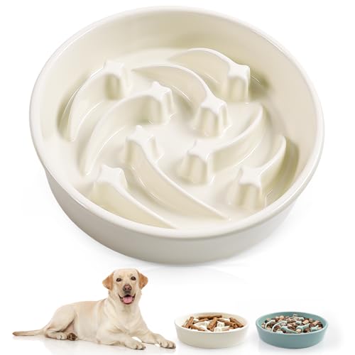 Ceramic Slow Feeder Dog Bowls,1.5 Cups Dog Food Dish for Medium&Large Breed - color: Beige-L