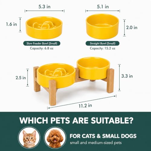 Ceramic Slow Feeder Dog Bowls with Raised Stand, 0.9 Cups Elevated Slow Feeding Bowl for Small Dogs and Cats, Non-Slip Pet Food Dish Helps Reduce Gulping and Bloating - color: Yellow, size: 5.1 inch