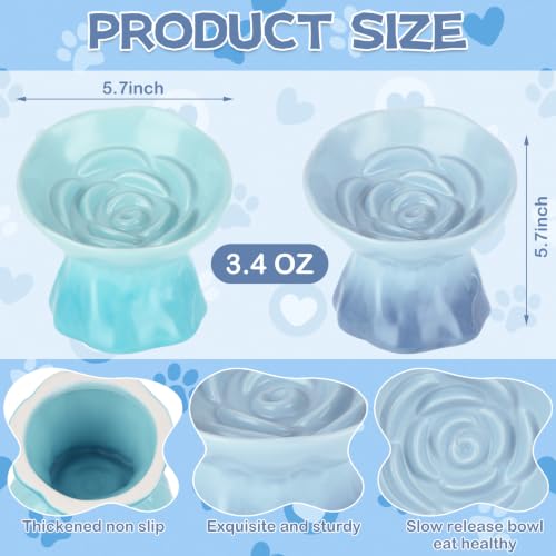 2 Pcs Slow Feeder Cat Bowl, Ceramic Flower Pet Dish, 5.71 Inch Gradient Blue and Teal Cat Slow Feeder Bowl for Dry Meals, Wet Meals and Everyday Feeding - color: Light Blue and Teal