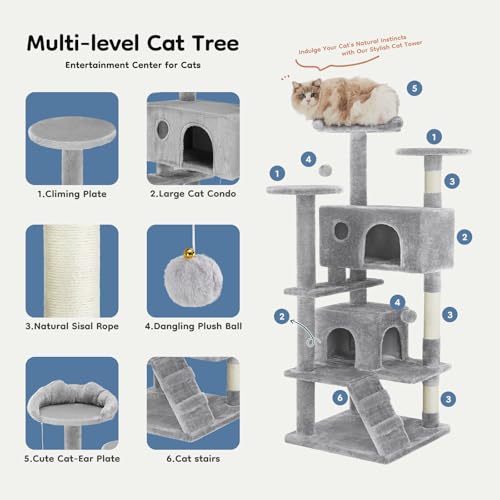 DUMOS 54 Inch Cat Tree Tower with Scratching Posts - color: Light Grey, size: 54'' × 20'' × 20''
