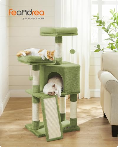 Feandrea Cat Tree, 45.3-Inch Cute Cat Tower, Plush Climbing Condo, Green - color: Grass Green