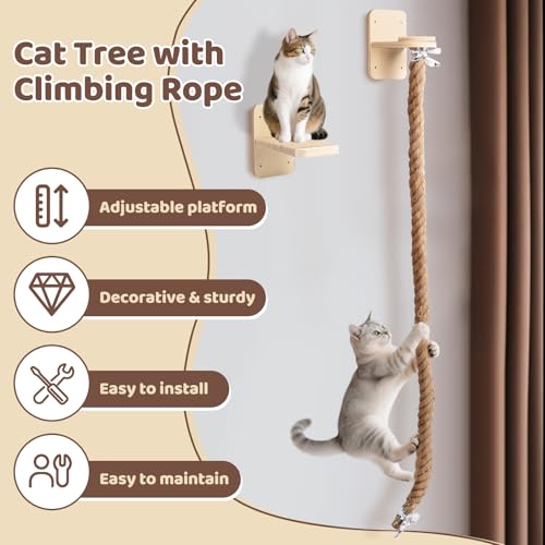 Cat Climbing Wall, Wall Mounted Cat Ladder, Cats Climbings Pole with 59in Climbing Rope, Larger and Wider Base Cats Ladder for Walls with Scratching Post (1.5m/59in Long) - size: 59 inches