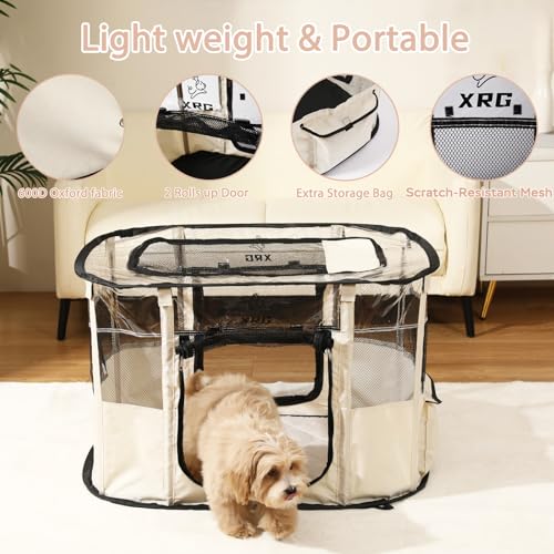 XRG Foldable Dog Playpen with pad，Indoor Cat Kennel L(35.4"x27.6"x23.6") - color: Beige, style: Large（35.4"L x 27.6"W x 23.6"H）