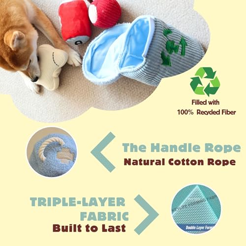 Dog Squeaky Toys, Plush Puzzle Dog Toy for Small Medium Large Dogs, Chew Fetch Brain Stimulating Toy, 3 Durable Small Toys with a Big Trash Can - color: Transh Can