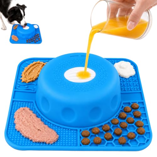2-in-1 Slow Feeder Dog Bowl, Rolling Ball & Lick Mat, Large Blue