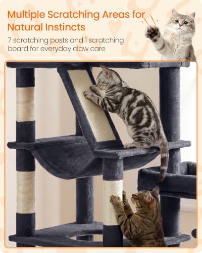 Feandrea Large Cat Tree, 74.1" Tall Sturdy Cat Tower for Indoor, Dark Gray - color: Dark Gray, size: 41.3"L x 17.7"W x 74.1"H