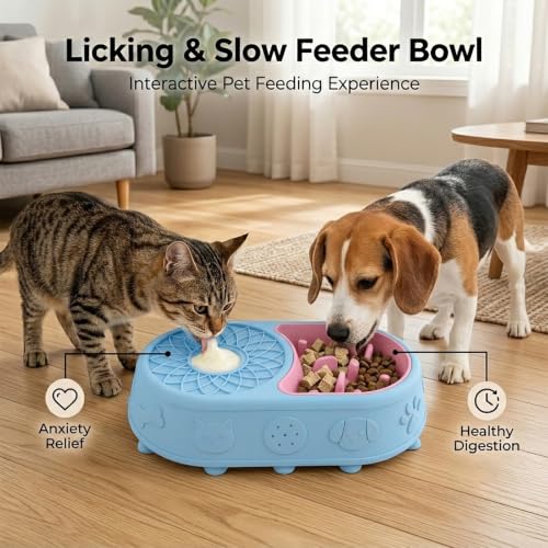 Slow Feeder Dog Bowl with Lick Mat, 2 in 1 Silicone Feeding Bowl - color: blue + pink