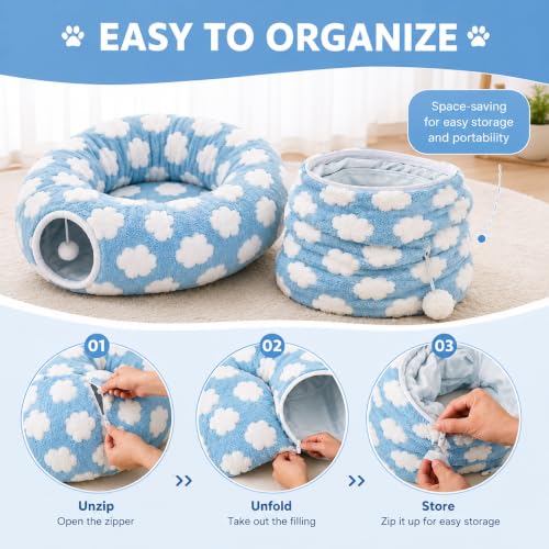 Cat Tunnel Bed with Washable Cushion for Indoor Cat, Donut Cave Tube Toys for Kitten Puppy Rabbit, Blue - color: Blue