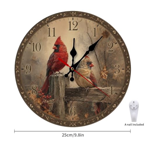 Two Cardinals Perched on Wooden Fence with Berries Round Wooden Wall Clock - color: Color12577, size: 9.8x9.8in