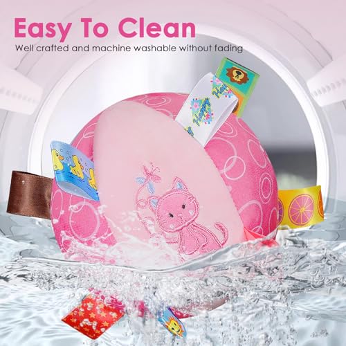 Letalong Dog Squeaky Plush Toy with Straps, 6-Inch Soft Stuffed Ball with Cotton Material and Bell Built-in, Pet Interactive Fetch Toy for Small to Large Dog - color: Pink