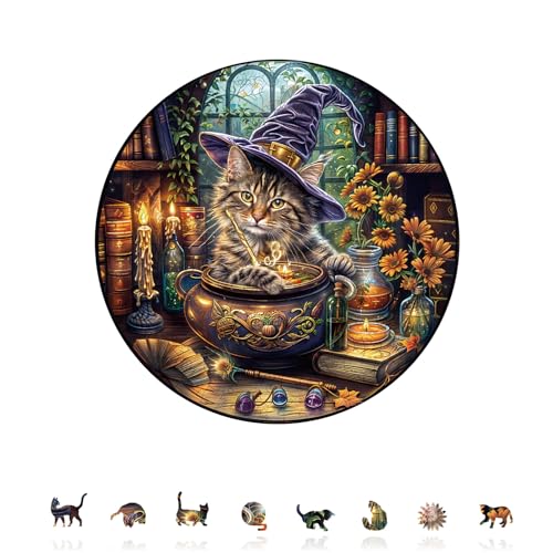 KAAYEE Wooden Puzzles for Adults Magic Feline Cat Jigsaw Puzzle 13.4*13.4in - color: Magic Feline Cat, size: Large