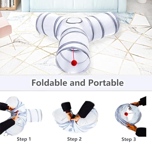 Cat Tunnel Tube Toys, 3 Ways Tunnels for Indoor Cats with Play Ball - color: 3 Way White Gray
