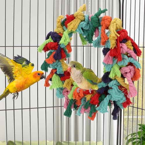 Bird Colorful Cotton Rope Hanging Ring Parrot Preening Grooming Chew Climb Biting Toy for African Grey Cockatoo Conure Parakeet