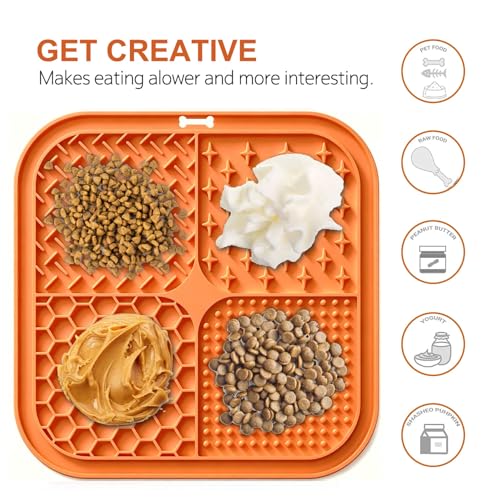Licking Mat for Dogs & Cats with Suction Cups, 1 Pack Square Dog Slow Feeder Lick Pat for Anxiety Relief & Boredom, Dog Toys to Keep Them Busy Pets Bathing Training Grooming Mat 7.8 * 7.8 inches - color: 1Pack-Orange