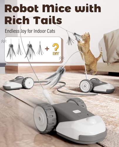 CYROS 3-in-1 Interactive Cat Toy - 2-Speed Automatic Moving Mouse Cat Toys Self Play with 2pcs Hanging Feather String Ribbon and Wiggly Silicone Mice Tail for Bored Indoor Adult Cats Kittens - color: Grey