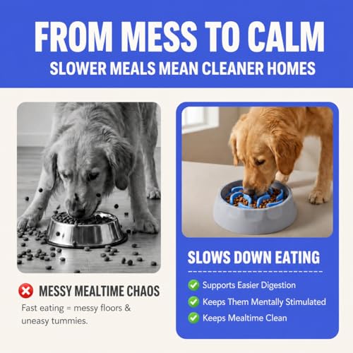 Slow Feeder Dog Bowl – Anti-Gulping Puzzle Feeder for Dogs, Slow Eating Dog Bowl with Removable Silicone Insert, Non-Slip, BPA-Free, for Small & Medium Dogs (Blue)