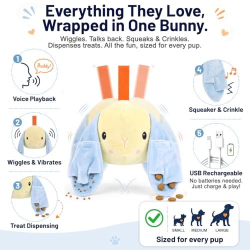 Interactive Automatic Dog Toys - Boredom-Busting Self-Moving Vibrating Plush Bunny with Voice Playback, Treat-Dispensing, Squeaky & Crinkle, Rechargeable, Safe & Washable for Puppies to Large Dogs