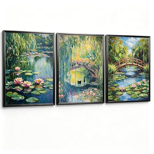 Pormipone Monet 3Pc Poster Water Lily Black Cat Under Bridge Unframed 16x24