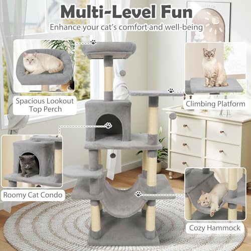 Tangkula 58 Inch Cat Tree Tower, Multi-Level Cat Tower with Sisal Scratching Posts, Padded Top Perch, Condo & Hammock, 3 Hanging Balls, Jumping Platforms for Indoor Cats (Light Gray) - color: Light Gray