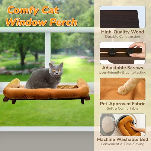 [Ready to Gift] PURRHOUSE 45LBS Cat Window Perch with Bolster, Hammock Seat with Plywood & Metal Frame, Cat Bed for Windowsill, Bedside and Cabinet (Walnut Wood & Brown Cushion, 24.8''W x 9.4''H) - color: Walnut Wood & Brown Cushion