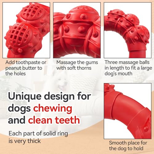 Indestructible Dog Chew Toys for Aggressive Chewers, Super Chewer Toys for Medium Large Dogs, Interactive Ring Toy, Heavy Duty Teething Toys - color: Red