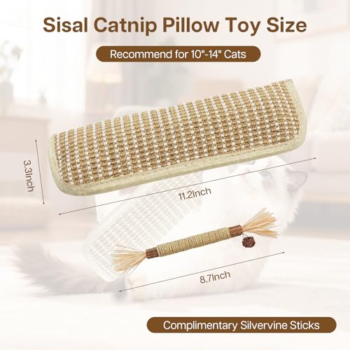 2 Pack 11.2 inch Sisal Pillow Catnip Toy for Cats with Silvervine Sticks, Cat Toys with A+ Organic Catnip Interactive Kicker Toy Scratch-Resistant Safe Chew Toy Teeth Cleaning for Indoor - size: 11.2 Inch x 3.3 Inch