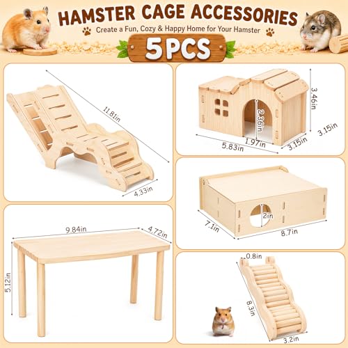Novabright 5 Pcs Hamster Platform Set Including Wooden Hideout Tunnel Toy Multi Chamber Secret Climbing Ladder Bridge Wooden House Cage Accessories for Small Animal Gerbils Dwarf Syrian - style: Climbing Adventure Set