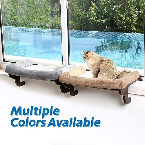 Zakkart Cat Perch for Windowsill with Bolsters (Dark Stained/Brown, L) - color: Dark Stained Wood with Brown Bed, size: 24''L x 15''W
