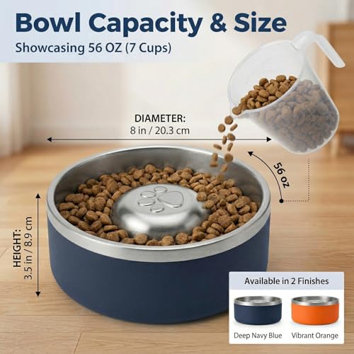 Stainless Steel Slow Feeder Dog Bowl, Heavy Duty Thickened Metal Dog Bowl, Non-Slip Base, Dishwasher Safe, Anti Gulping Feeding Bowl for Small to Medium Dogs & Cats, 56 oz, Dark Blue - color: Dark blue