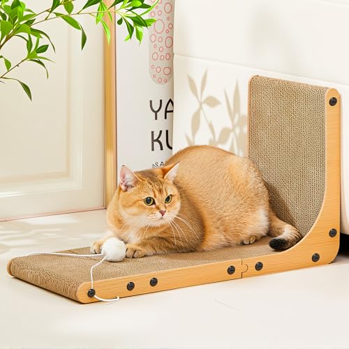Value 2-Pack 23.6 Inch L-Shaped Cardboard Cat Scratcher, Dual Use (Vert/Horiz) Scratch Pad with Toy Balls, Wall-Mountable Furniture Protector Cat Scratchers for Indoor Cats - size: 23.6 Inch 2- Pack