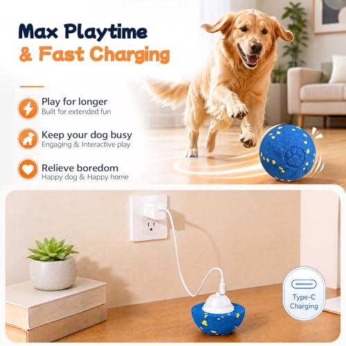 Smart Interactive Dog Toy Ball, 3 Automatic Bouncy Modes, Durable E-TPU Material for Chewing, Rechargeable and IPX7 Waterproof, Enrichment Moving Fetch Toy for Medium Large Dogs (Blue) - color: Blue