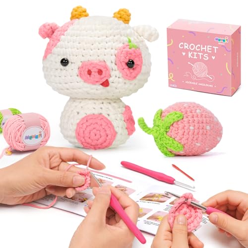 Mewaii Strawberry Cow Crochet Kit for Beginners, 40% Extra Yarn - color: Pink