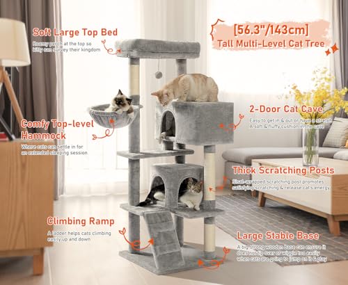 Cat Tree for Indoor Cats, 56.3" Multi-Level Cat Tower with 2 Condos - color: Grey, size: 56 Inches