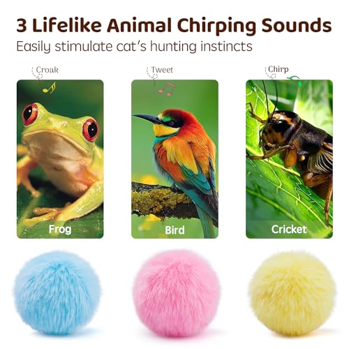 Potaroma Chirping Cat Toys Balls with SilverVine Catnip, Upgraded, 3 Pack Fluffy Interactive Cat Kicker, 3 Lifelike Animal Sounds, Kitty Kitten Catnip Exercise Toys