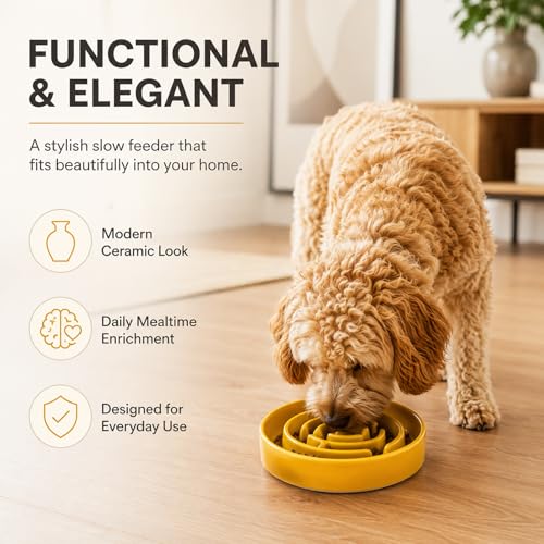 Ceramic Slow Feeder Dog Bowl,1.5 Cups Pet Slow Feeder for Small and Medium Breed,Puzzle Dog Food Dish,Anti-Gulping,Stop Bloat,Preventing Choking(Yellow) - color: Yellow