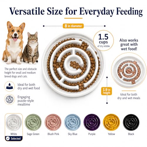 Ceramic Slow Feeder Dog Bowl 1.5 Cup Puzzle Dish for Small Medium Dogs - color: Ceramic-White