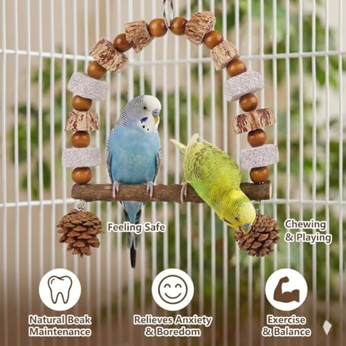 Natural Wood Bird Swing Toy for Parakeets Cockatiels, Parrot Hanging Perch with Chewing Pine Cones & Beak Grinding Pumice Stone, Bird Cage Accessories for Conure Lovebirds Budgies - Boredom Relief - color: Natural Wood-A