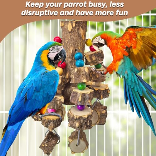 PINVNBY Large Bird Parrot Toys, Natural Wooden Blocks Chew Toy, Durable Cage Bite for African Grey Cockatoo Macaws Cockatiels Eclectus Large Medium Parrots (Small Size, Wire Link) - size: B: Wire Link, Pepper Wood